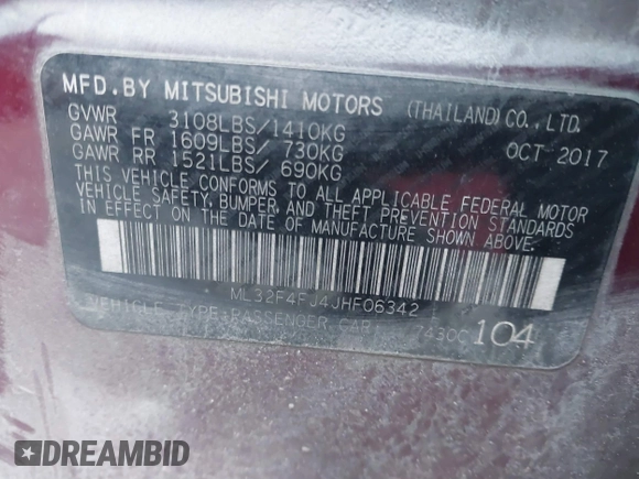 2018 Mitsubishi Mirage G4 SE with VIN ML32F4FJ4JHF06342, listed as a IAAI auction lot 41589317 with 226,233 mi miles. Bid and sale history available at carsss.com. Image 9.