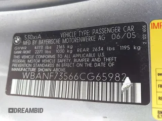 2006 BMW 5 Series 530xi with VIN WBANF73566CG65982, listed as a IAAI auction lot 42132024 with 192,560 mi miles and . Bid and sale history available at carsss.com. Image 9.