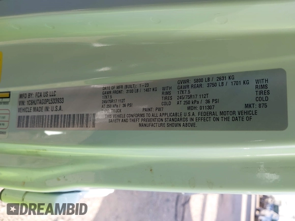 2023 Jeep Gladiator Sport S с VIN 1C6HJTAG0PL533933, выставлен на аукционе IAAI как лот 42351470 с пробегом 57 982 миль миль и . История ставок и продаж доступна на DreamBid. Изображение 9.