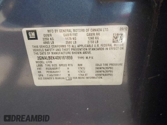 2013 Chevrolet Equinox LS with VIN 2GNALBEK4D6161859, listed as a IAAI auction lot 42094733 with 109,028 mi miles and . Bid and sale history available at DreamBid. Image 9.