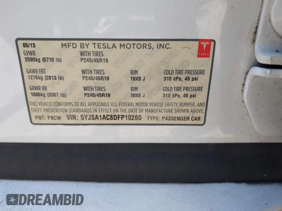 2013 Tesla Model S с VIN 5YJSA1AC8DFP10260, выставлен на аукционе IAAI как лот 42545156 с пробегом 121 329 миль миль и . История ставок и продаж доступна на DreamBid. Изображение 9.