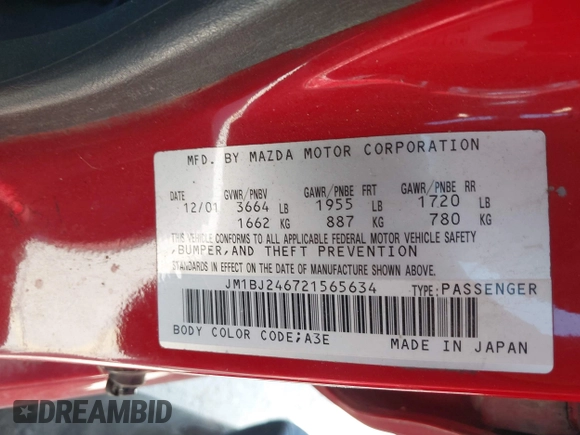 2002 Mazda Protege with VIN JM1BJ246721565634, listed as a IAAI auction lot 41984727 with 235,764 mi miles and . Bid and sale history available at DreamBid. Image 9.
