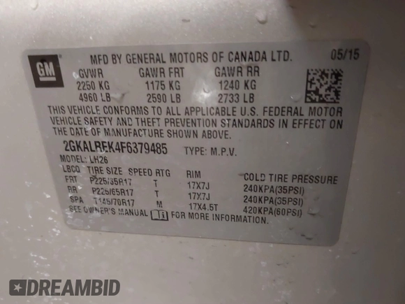 2015 GMC Terrain SLE with VIN 2GKALREK4F6379485, listed as a IAAI auction lot 41605133 with 203,048 mi miles. Bid and sale history available at carsss.com. Image 9.