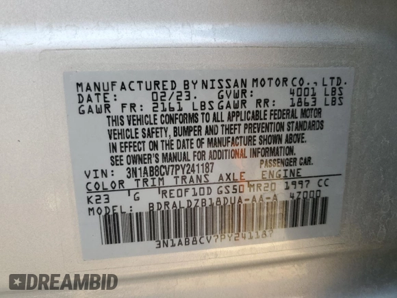 2023 Nissan Sentra SV z VIN 3N1AB8CV7PY241187, wystawiony jako Copart lot #51264555 z przebiegiem 45 490 mil mil oraz Czysty tytuł • Clean title. Historia ofert i sprzedaży dostępna na DreamBid. Obrazek 12.