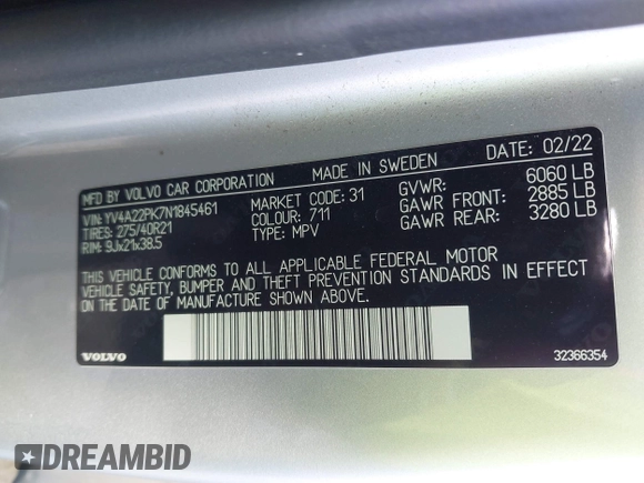 2022 Volvo XC90 Momentum with VIN YV4A22PK7N1845461, listed as a IAAI auction lot 42029880 with 37,794 mi miles and . Bid and sale history available at DreamBid. Image 9.
