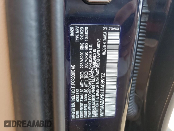 2020 Porsche Cayenne with VIN WP1AA2AY8LDA08912, listed as a Copart auction lot 62266105 with Not provided miles and Salvage title. Bid and sale history available at DreamBid. Image 13.