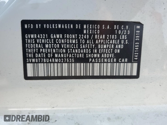 2024 Volkswagen Jetta GLI 40th Anniversary Edition z VIN 3VW8T7BU4RM027535, wystawiony jako Copart lot #64557924 z przebiegiem 16 010 mil mil oraz Szkoda całkowita • Salvage title. Historia ofert i sprzedaży dostępna na DreamBid. Obrazek 14.