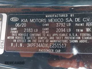 2020 Kia Forte GT-Line with VIN 3KPF34ADXLE251517, listed as a IAAI auction lot 41514355 with 80,588 mi miles. Bid and sale history available at carsss.com. Image 9.