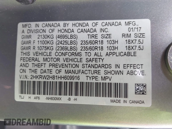 2017 Honda CR-V EX-L with VIN 2HKRW2H81HH609916, listed as a IAAI auction lot 41856345 with 125,167 mi miles. Bid and sale history available at carsss.com. Image 9.
