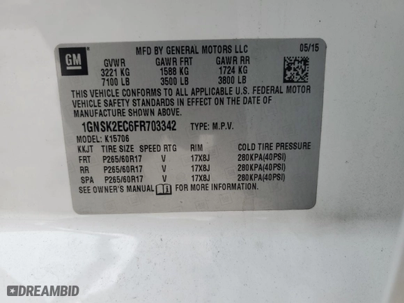 2015 Chevrolet Tahoe Commercial with VIN 1GNSK2EC6FR703342, listed as a Copart auction lot 85081004 with 134,579 mi miles and Non Repairable. Bid and sale history available at carsss.com. Image 13.