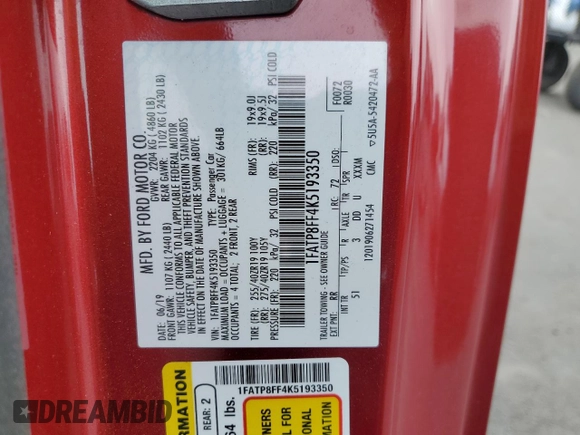 2019 Ford Mustang GT Premium with VIN 1FATP8FF4K5193350, listed as a Copart auction lot 54362005 with 34,431 mi miles and Salvage title. Bid and sale history available at DreamBid. Image 12.