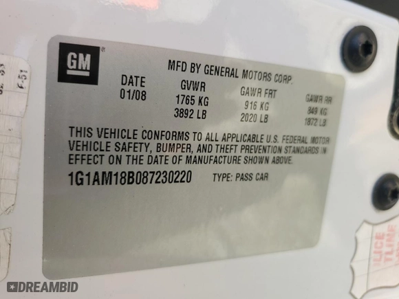 2008 Chevrolet Cobalt Sport with VIN 1G1AM18B087230220, listed as a Copart auction lot 88315835 with 221,996 mi miles and Salvage Title. Bid and sale history available at carsss.com. Image 12.