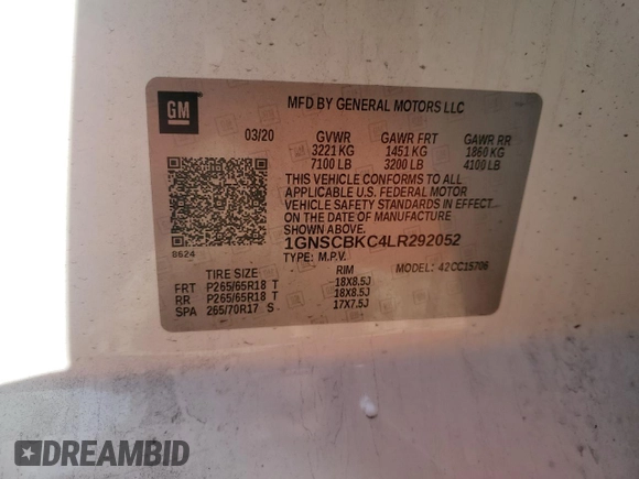 2020 Chevrolet Tahoe LT with VIN 1GNSCBKC4LR292052, listed as a Copart auction lot 44779625 with 81,551 mi miles and Salvage title. Bid and sale history available at DreamBid. Image 13.