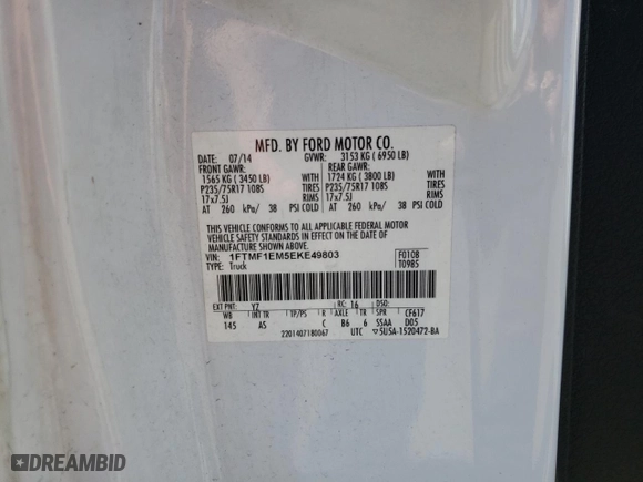 2014 Ford F-150 XL with VIN 1FTMF1EM5EKE49803, listed as a Copart auction lot 49859345 with 305,385 mi miles and Clean Title. Bid and sale history available at carsss.com. Image 13.