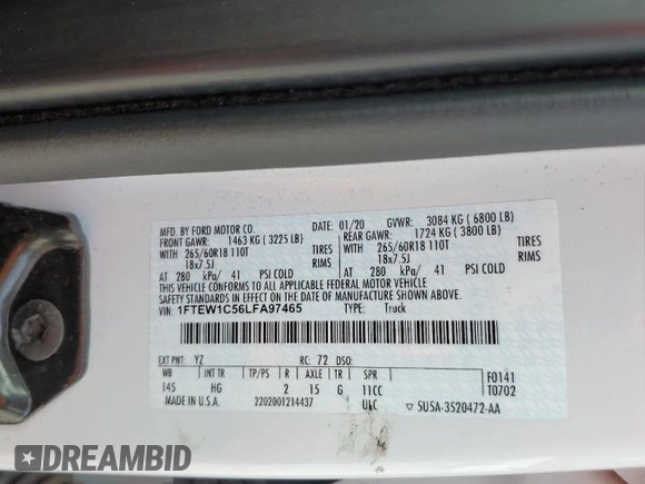 2020 Ford F-150 XL с VIN 1FTEW1C56LFA97465, выставлен на аукционе Copart как лот 57392655 с пробегом 84 658 миль миль и Списание • Salvage title. История ставок и продаж доступна на DreamBid. Изображение 12.