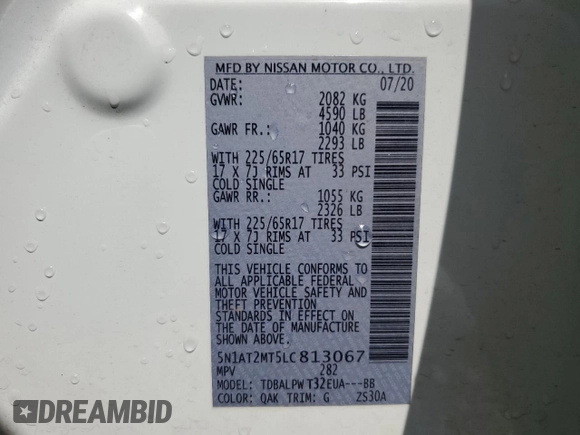 2020 Nissan Rogue S with VIN 5N1AT2MT5LC813067, listed as a Copart auction lot 59952695 with 38,467 mi miles and Salvage title. Bid and sale history available at DreamBid. Image 13.