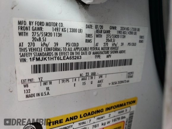 2020 Ford Expedition Max XLT with VIN 1FMJK1HT6LEA65263, listed as a Copart auction lot 87972395 with 94,412 mi miles and Salvage Title. Bid and sale history available at DreamBid. Image 15.