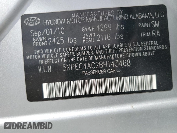 2011 Hyundai Sonata SE with VIN 5NPEC4AC2BH143468, listed as a Copart auction lot 49620285 with 115,343 mi miles and Salvage Title. Bid and sale history available at carsss.com. Image 14.