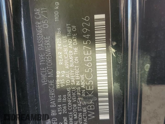 2011 BMW 3 Series 328i with VIN WBAKE5C56BE754926, listed as a Copart auction lot 55842425 with 169,806 mi miles and Salvage title. Bid and sale history available at DreamBid. Image 12.