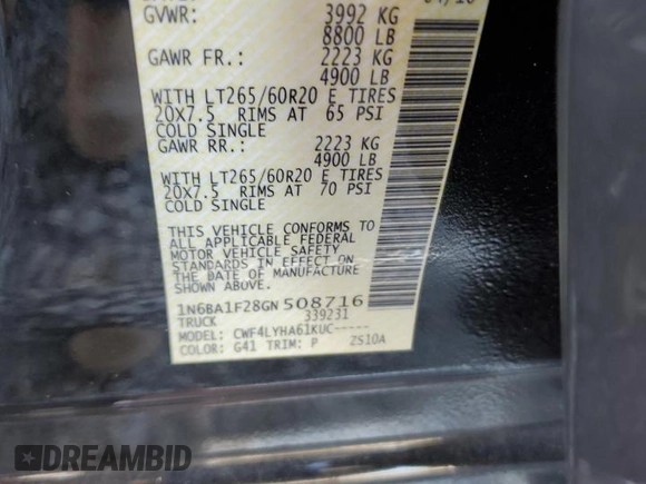 2016 Nissan Titan Platinum Reserve z VIN 1N6BA1F28GN508716, wystawiony jako Copart lot #46797225 z przebiegiem 168 572 mil mil oraz Szkoda całkowita • Salvage title. Historia ofert i sprzedaży dostępna na DreamBid. Obrazek 15.