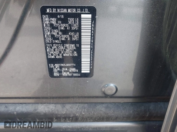 2018 Nissan Armada SL with VIN JN8AY2NC5J9557774, listed as a IAAI auction lot 40205321 with 100,123 mi miles and . Bid and sale history available at DreamBid. Image 9.