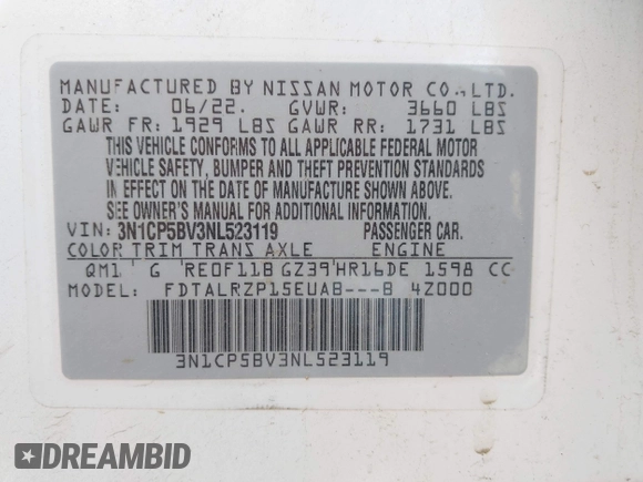 2022 Nissan Kicks S z VIN 3N1CP5BV3NL523119, wystawiony jako IAAI lot #42122504 z przebiegiem 28 062 mil mil oraz . Historia ofert i sprzedaży dostępna na DreamBid. Obrazek 9.