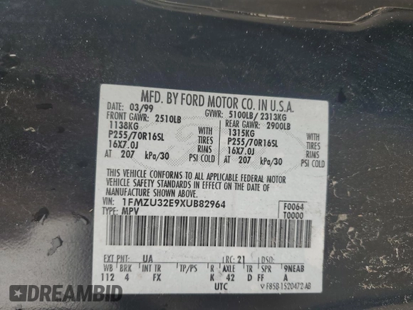 1999 Ford Explorer XLT z VIN 1FMZU32E9XUB82964, wystawiony jako Copart lot #44992695 z przebiegiem 192 408 mil mil oraz Szkoda całkowita • Salvage title. Historia ofert i sprzedaży dostępna na DreamBid. Obrazek 14.
