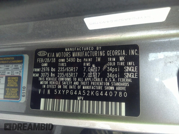 2019 Kia Sorento LX V6 with VIN 5XYPG4A52KG440780, listed as a IAAI auction lot 41673576 with 125,740 mi miles. Bid and sale history available at carsss.com. Image 9.