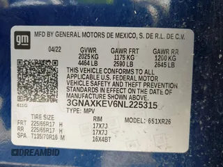 2022 Chevrolet Equinox LT z VIN 3GNAXKEV6NL225315, wystawiony jako IAAI lot #41922830 z przebiegiem 51 605 mil mil oraz . Historia ofert i sprzedaży dostępna na DreamBid. Obrazek 9.