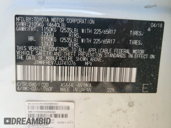 2018 Toyota RAV4 XLE with VIN JTMRFREV7JJ741076, listed as a Copart auction lot 45454135 with 128,402 mi miles and Salvage Title. Bid and sale history available at carsss.com. Image 12.