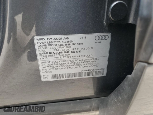 2018 Audi SQ5 Premium Plus with VIN WA1A4AFY0J2169916, listed as a Copart auction lot 65197153 with 75,478 mi miles. Bid and sale history available at carsss.com. Image 14.