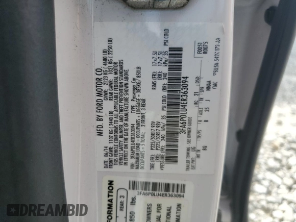 2014 Ford Fusion SE Hybrid with VIN 3FA6P0LU4ER363094, listed as a Copart auction lot 63460005 with 146,925 mi miles and Clean title. Bid and sale history available at DreamBid. Image 12.