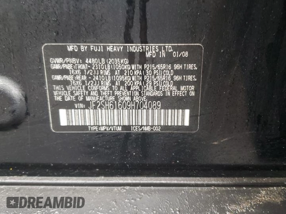 2009 Subaru Forester X with VIN JF2SH61609H704089, listed as a Copart auction lot 44693785 with 117,446 mi miles and Clean title. Bid and sale history available at DreamBid. Image 13.