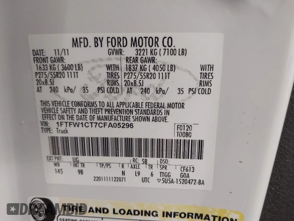 2012 Ford F-150 XL z VIN 1FTFW1CT7CFA05296, wystawiony jako IAAI lot #41976855 z przebiegiem 220 071 mil mil oraz . Historia ofert i sprzedaży dostępna na DreamBid. Obrazek 9.