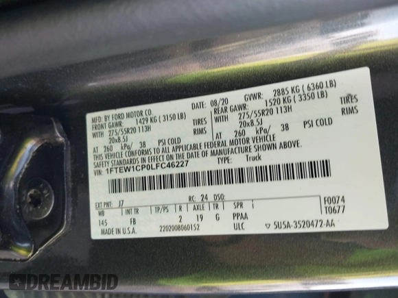 2020 Ford F-150 XL with VIN 1FTEW1CP0LFC46227, listed as a IAAI auction lot 40427872 with 80,414 mi miles. Bid and sale history available at carsss.com. Image 9.