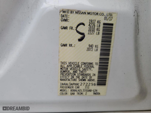 2017 Nissan Altima 2.5 SV with VIN 1N4AL3APXHC272256, listed as a Copart auction lot 86733824 with 91,896 mi miles and Salvage Title. Bid and sale history available at carsss.com. Image 14.