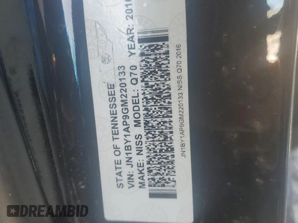 2016 Infiniti Q70 с VIN JN1BY1AP9GM220133, выставлен на аукционе Copart как лот 84842574 с пробегом Не указан миль и Списание • Salvage title. История ставок и продаж доступна на DreamBid. Изображение 12.
