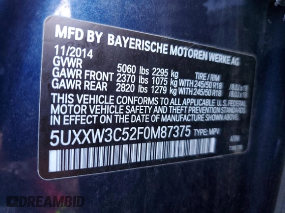 2015 BMW X4 xDrive28i with VIN 5UXXW3C52F0M87375, listed as a Copart auction lot 41140544 with 123,818 mi miles. Bid and sale history available at carsss.com. Image 14.