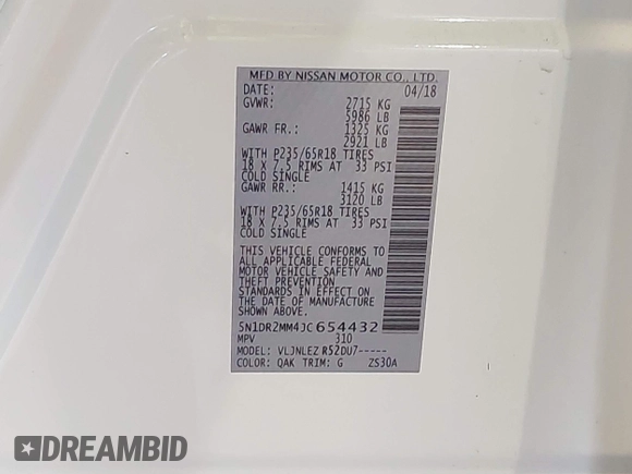 2018 Nissan Pathfinder SL with VIN 5N1DR2MM4JC654432, listed as a IAAI auction lot 41710263 with 67,901 mi miles. Bid and sale history available at carsss.com. Image 9.
