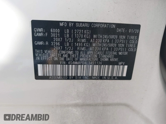 2020 Subaru Ascent Limited with VIN 4S4WMAPD4L3451136, listed as a IAAI auction lot 41816570 with 56,762 mi miles. Bid and sale history available at carsss.com. Image 9.