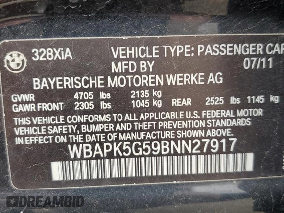 2011 BMW 3 Series 328i xDrive with VIN WBAPK5G59BNN27917, listed as a Copart auction lot 54679245 with 126,397 mi miles and Non Repairable. Bid and sale history available at DreamBid. Image 12.
