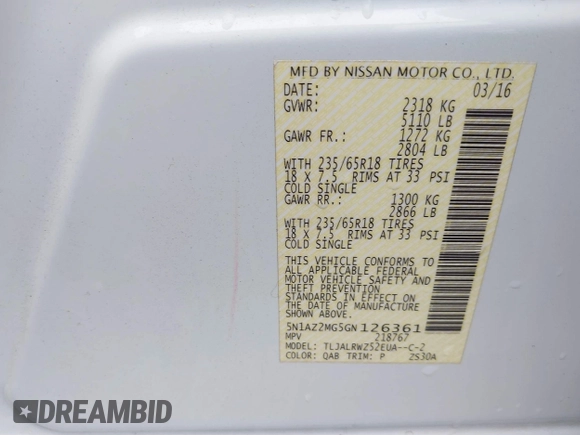 2016 Nissan Murano Platinum with VIN 5N1AZ2MG5GN126361, listed as a IAAI auction lot 41973077 with 124,624 mi miles and . Bid and sale history available at DreamBid. Image 9.