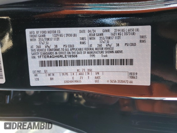 2024 Ford Ranger XLT with VIN 1FTER4GH6RLE18508, listed as a Copart auction lot 46178955 with 3,901 mi miles and Salvage Title. Bid and sale history available at DreamBid. Image 12.