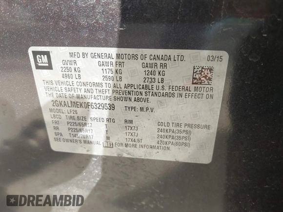 2015 GMC Terrain SLE z VIN 2GKALMEK0F6329539, wystawiony jako IAAI lot #42169270 z przebiegiem 124 312 mil mil oraz . Historia ofert i sprzedaży dostępna na DreamBid. Obrazek 9.