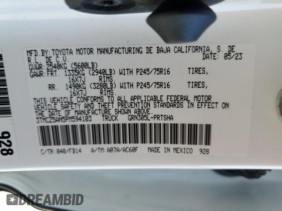 2023 Toyota Tacoma SR z VIN 3TMCZ5AN5PM594103, wystawiony jako Copart lot #52957955 z przebiegiem 21 759 mil mil oraz Szkoda całkowita • Salvage title. Historia ofert i sprzedaży dostępna na DreamBid. Obrazek 12.