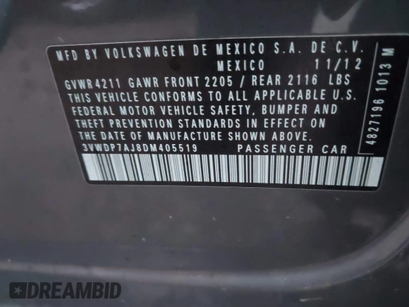 2013 Volkswagen Jetta SE with VIN 3VWDP7AJ8DM405519, listed as a IAAI auction lot 41177485 with 199,574 mi miles and . Bid and sale history available at DreamBid. Image 9.