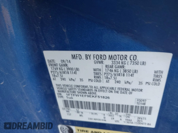 2014 Ford F-150 XL with VIN 1FTFW1EF9EKF51826, listed as a IAAI auction lot 41447705 with 144,051 mi miles. Bid and sale history available at carsss.com. Image 9.
