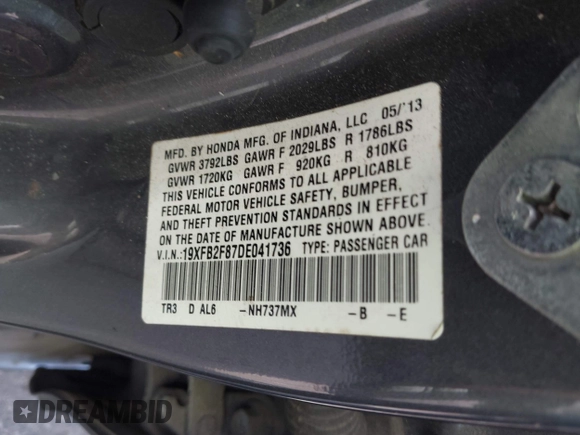 2013 Honda Civic EX with VIN 19XFB2F87DE041736, listed as a IAAI auction lot 42112475 with 184,344 mi miles and . Bid and sale history available at DreamBid. Image 9.