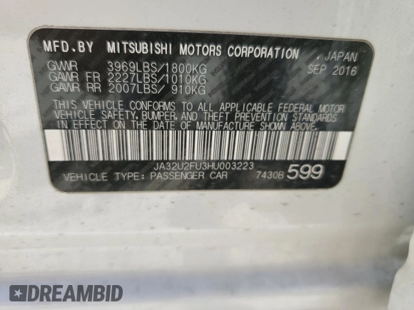 2017 Mitsubishi Lancer ES with VIN JA32U2FU3HU003223, listed as a Copart auction lot 53688184 with 98,702 mi miles and Salvage Title. Bid and sale history available at carsss.com. Image 13.