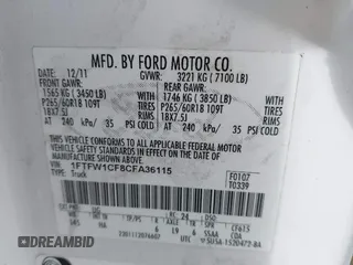 2012 Ford F-150 XL with VIN 1FTFW1CF8CFA36115, listed as a IAAI auction lot 41515870 with 1 mi miles. Bid and sale history available at carsss.com. Image 9.